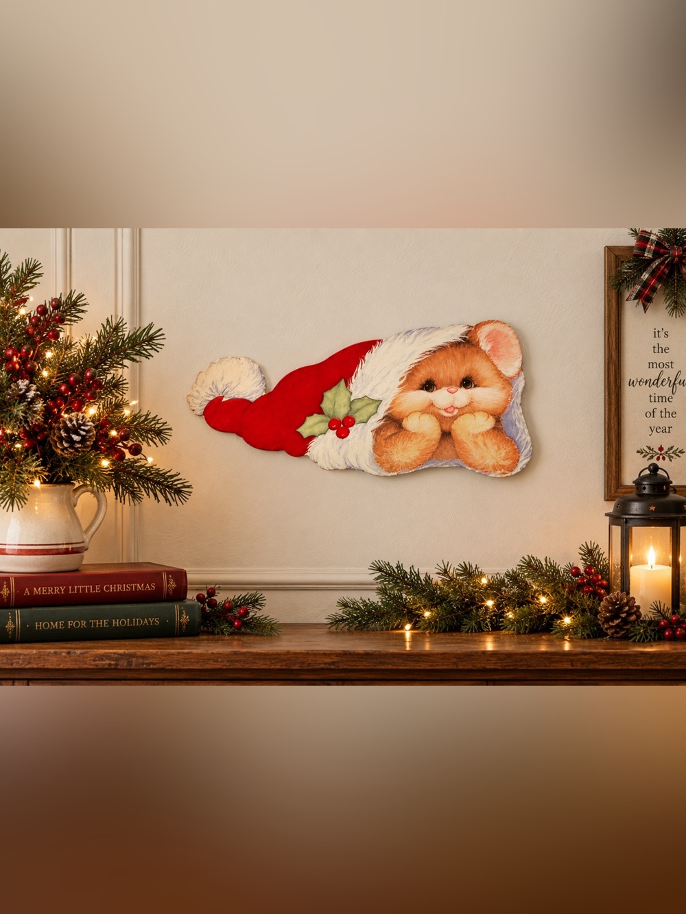 Vintage Christmas Eureka USA Die Cut Mouse Santa Hat Flocked Kitsch Cute
